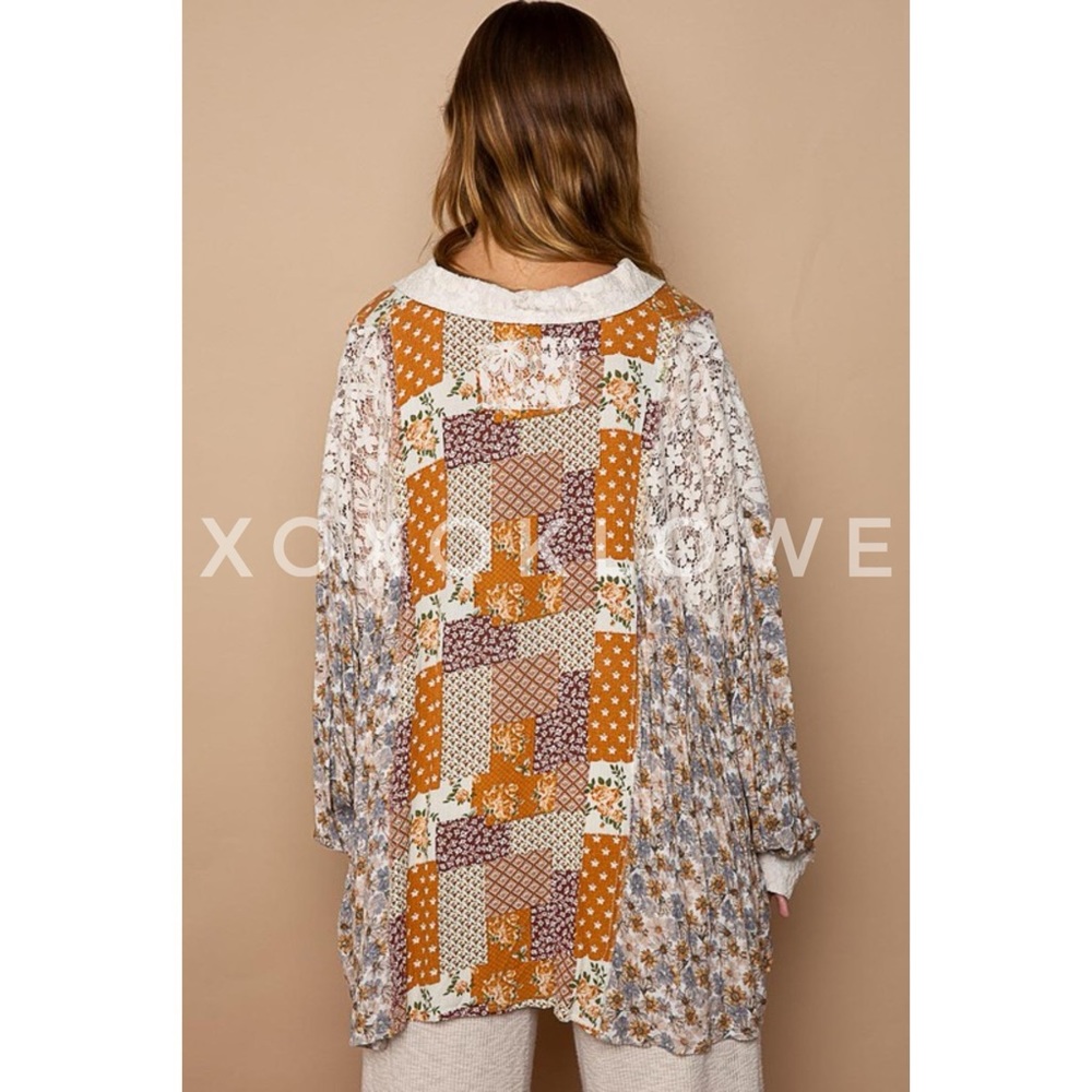 POL Floral + Lace Patchwork Button Down Shirt in Caramel Cream - Picture 8 of 15
